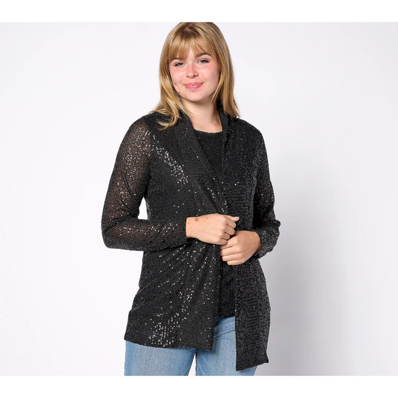 A624266 JINGLE BELLES by Kim Gravel Sequin Mesh Open Front Topper Black L - Picture 4 of 5